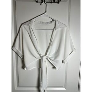 Womens White Tie Front Crop Top Short Sleeve Collared Shirt